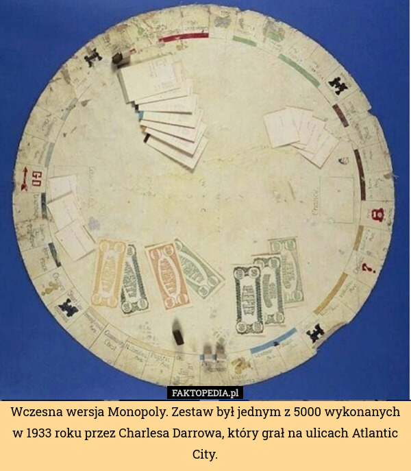 Wczesna wersja Monopoly. Zestaw był jednym z 5000 wykonanych w 1933 roku przez Charlesa Darrowa, który grał na ulicach Atlantic City. 