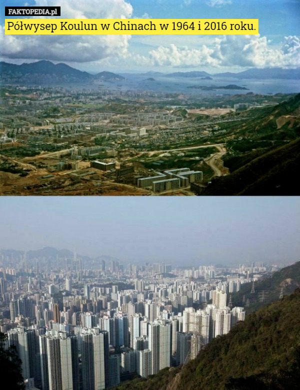 Półwysep Koulun w Chinach w 1964 i 2016 roku. 