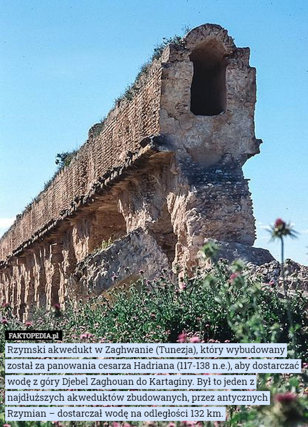 Rzymski akwedukt w Zaghwanie (Tunezja), który wybudowany został za panowania cesarza Hadriana (117-138 n.e.), aby dostarczać wodę z góry Djebel Zaghouan do Kartaginy. Był to jeden z najdłuższych akweduktów zbudowanych, przez antycznych Rzymian – dostarczał wodę na odległości 132 km. 
