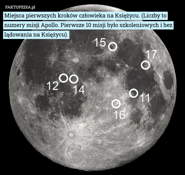 Miejsca pierwszych kroków człowieka na Księżycu. (Liczby to numery misji Apollo. Pierwsze 10 misji było szkoleniowych i bez lądowania na Księżycu). 