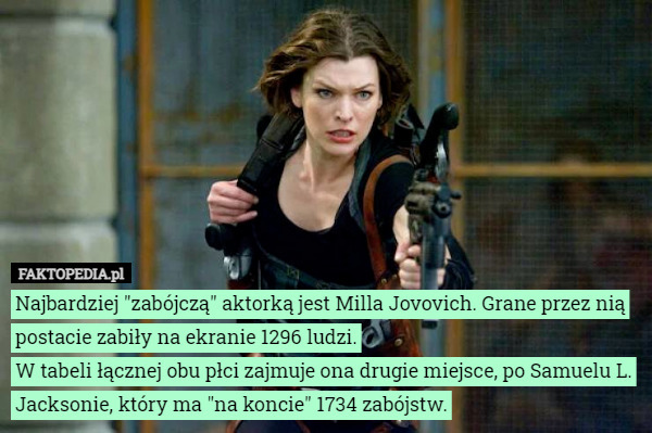 Najbardziej "zabójczą" aktorką jest Milla Jovovich. Grane przez nią postacie zabiły na ekranie 1296 ludzi.
W tabeli łącznej obu płci zajmuje ona drugie miejsce, po Samuelu L. Jacksonie, który ma "na koncie" 1734 zabójstw. 