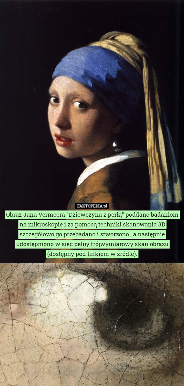 Obraz Jana Vermeera "Dziewczyna z perłą" poddano badaniom na mikroskopie i za pomocą techniki skanowania 3D szczegółowo go przebadano i stworzono , a następnie udostępniono w siec pełny trójwymiarowy skan obrazu (dostępny pod linkiem w źródle). 