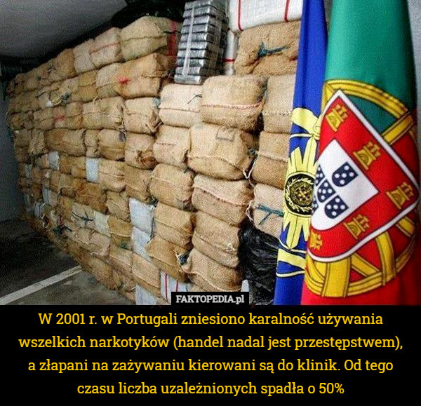 W 2001 r. w Portugali zniesiono karalność używania wszelkich narkotyków (handel nadal jest przestępstwem),
 a złapani na zażywaniu kierowani są do klinik. Od tego czasu liczba uzależnionych spadła o 50% 