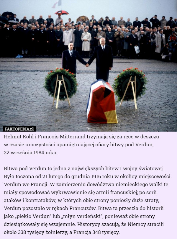 Helmut Kohl i Francois Mitterrand trzymają się za ręce w deszczu
 w czasie uroczystości upamiętniającej ofiary bitwy pod Verdun,
 22 września 1984 roku.

Bitwa pod Verdun to jedna z największych bitew I wojny światowej. Była toczona od 21 lutego do grudnia 1916 roku w okolicy miejscowości Verdun we Francji. W zamierzeniu dowództwa niemieckiego walki te miały spowodować wykrwawienie się armii francuskiej; po serii ataków i kontrataków, w których obie strony poniosły duże straty, Verdun pozostało w rękach Francuzów. Bitwa ta przeszła do historii jako „piekło Verdun” lub „młyn verdeński”, ponieważ obie strony dziesiątkowały się wzajemnie. Historycy szacują, że Niemcy stracili około 338 tysięcy żołnierzy, a Francja 348 tysięcy. 
