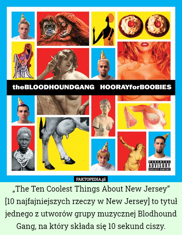 „The Ten Coolest Things About New Jersey”
[10 najfajniejszych rzeczy w New Jersey] to tytuł jednego z utworów grupy muzycznej Blodhound Gang, na który składa się 10 sekund ciszy. 