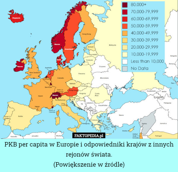 PKB per capita w Europie i odpowiedniki krajów z innych rejonów świata.
(Powiększenie w źródle) 