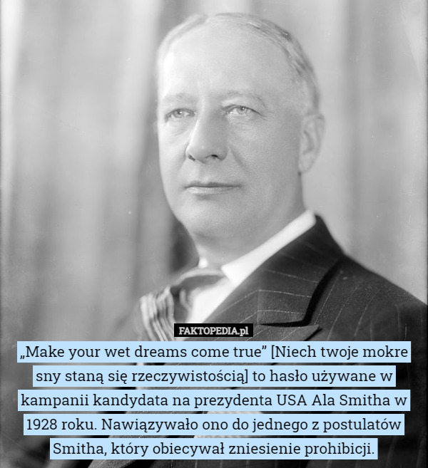 „Make your wet dreams come true” [Niech twoje mokre sny staną się rzeczywistością] to hasło używane w kampanii kandydata na prezydenta USA Ala Smitha w 1928 roku. Nawiązywało ono do jednego z postulatów Smitha, który obiecywał zniesienie prohibicji. 