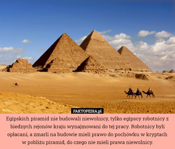 Egipskich piramid nie budowali niewolnicy, tylko egipscy robotnicy z biednych rejonów kraju wynajmowani do tej pracy. Robotnicy byli opłacani, a zmarli na budowie mieli prawo do pochówku w kryptach
 w pobliżu piramid, do czego nie mieli prawa niewolnicy. 