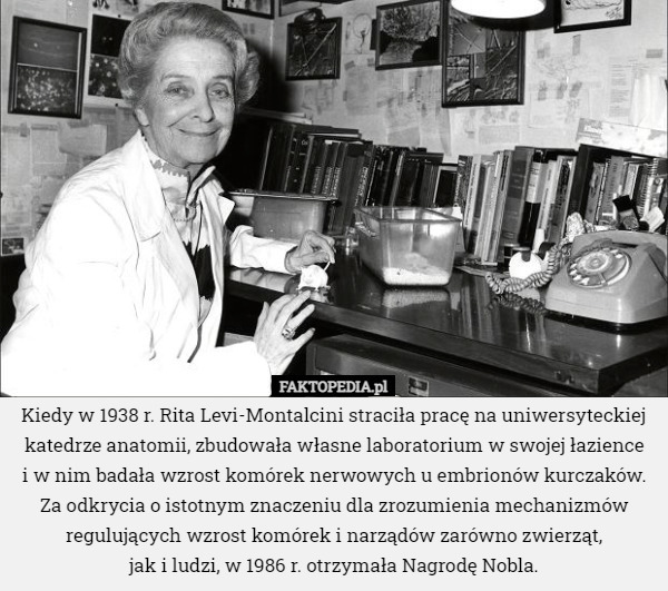 Kiedy w 1938 r. Rita Levi-Montalcini straciła pracę na uniwersyteckiej katedrze anatomii, zbudowała własne laboratorium w swojej łazience
 i w nim badała wzrost komórek nerwowych u embrionów kurczaków. Za odkrycia o istotnym znaczeniu dla zrozumienia mechanizmów regulujących wzrost komórek i narządów zarówno zwierząt,
 jak i ludzi, w 1986 r. otrzymała Nagrodę Nobla. 