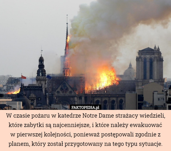 W czasie pożaru w katedrze Notre Dame strażacy wiedzieli, które zabytki są najcenniejsze, i które należy ewakuować
 w pierwszej kolejności, ponieważ postępowali zgodnie z planem, który został przygotowany na tego typu sytuacje. 
