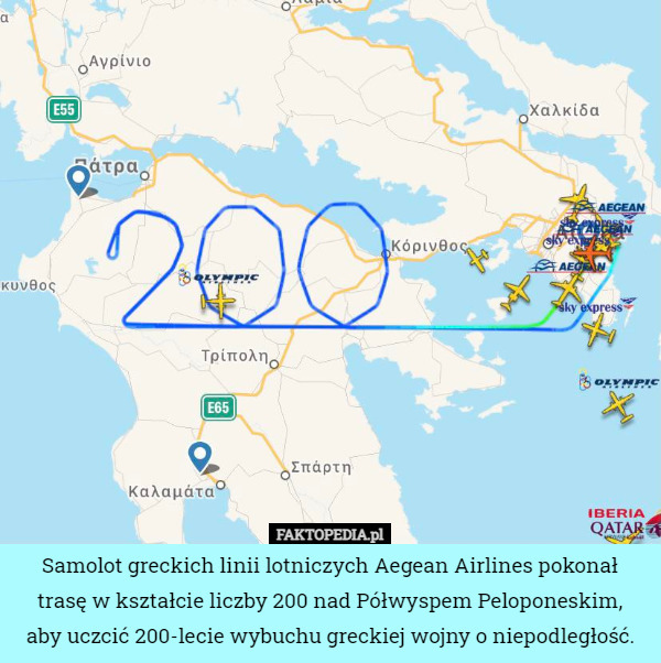 Samolot greckich linii lotniczych Aegean Airlines pokonał trasę w kształcie liczby 200 nad Półwyspem Peloponeskim,
 aby uczcić 200-lecie wybuchu greckiej wojny o niepodległość. 