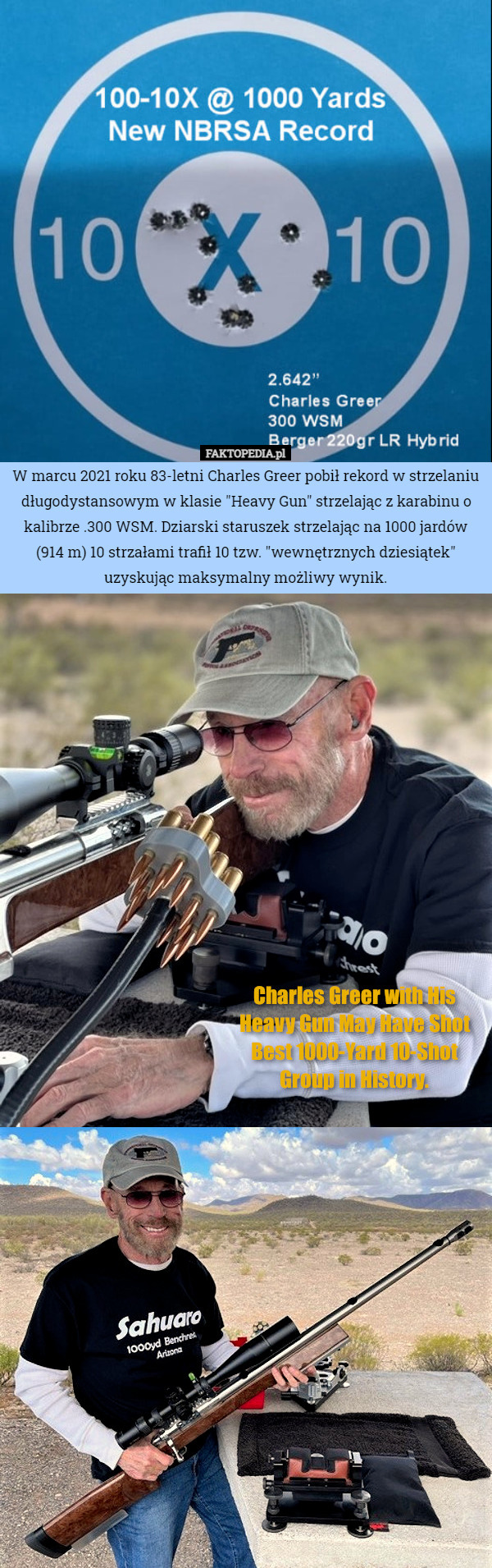 W marcu 2021 roku 83-letni Charles Greer pobił rekord w strzelaniu długodystansowym w klasie "Heavy Gun" strzelając z karabinu o kalibrze .300 WSM. Dziarski staruszek strzelając na 1000 jardów (914 m) 10 strzałami trafił 10 tzw. "wewnętrznych dziesiątek" uzyskując maksymalny możliwy wynik. 