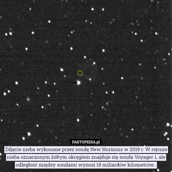 Zdjęcie nieba wykonane przez sondę New Horizons w 2019 r. W rejonie nieba oznaczonym żółtym okręgiem znajduje się sonda Voyager 1, ale odległość między sondami wynosi 18 miliardów kilometrów.. 