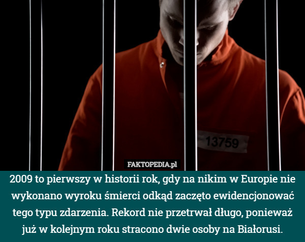 2009 to pierwszy w historii rok, gdy na nikim w Europie nie wykonano wyroku śmierci odkąd zaczęto ewidencjonować tego typu zdarzenia. Rekord nie przetrwał długo, ponieważ już w kolejnym roku stracono dwie osoby na Białorusi. 
