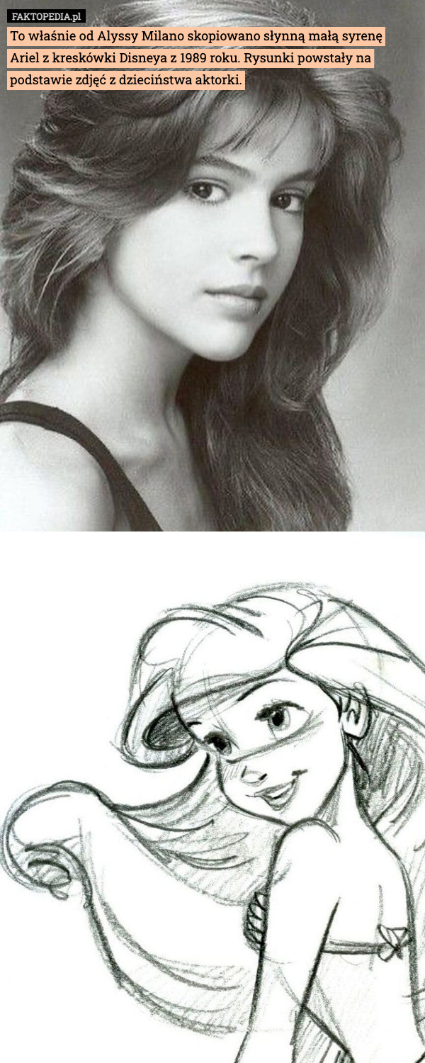 To właśnie od Alyssy Milano skopiowano słynną małą syrenę Ariel z kreskówki Disneya z 1989 roku. Rysunki powstały na podstawie zdjęć z dzieciństwa aktorki. 