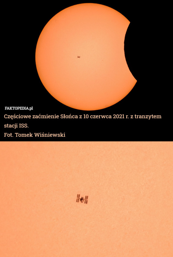 Częściowe zaćmienie Słońca z 10 czerwca 2021 r. z tranzytem stacji ISS.
Fot. Tomek Wiśniewski 