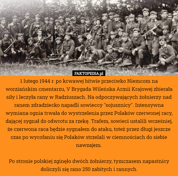1 lutego 1944 r. po krwawej bitwie przeciwko Niemcom na worziańskim cmentarzu, V Brygada Wileńska Armii Krajowej zbierała siły i leczyła rany w Radziuszach. Na odpoczywających żołnierzy nad ranem zdradziecko napadli sowieccy "sojusznicy". Intensywna wymiana ognia trwała do wystrzelenia przez Polaków czerwonej racy, dającej sygnał do odwrotu za rzekę. Trafem, sowieci ustalili wcześniej, że czerwona raca będzie sygnałem do ataku, toteż przez długi jeszcze czas po wycofaniu się Polaków strzelali w ciemnościach do siebie nawzajem.

Po stronie polskiej zginęło dwóch żołnierzy, tymczasem napastnicy doliczyli się rano 250 zabitych i rannych. 