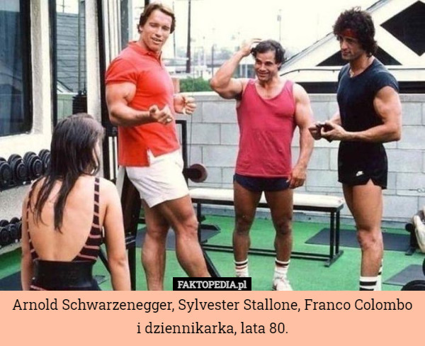 Arnold Schwarzenegger, Sylvester Stallone, Franco Colombo
i dziennikarka, lata 80. 