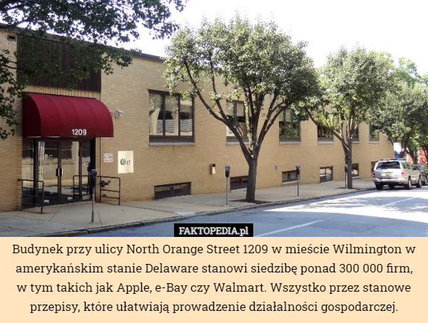 Budynek przy ulicy North Orange Street 1209 w mieście Wilmington w amerykańskim stanie Delaware stanowi siedzibę ponad 300 000 firm, w tym takich jak Apple, e-Bay czy Walmart. Wszystko przez stanowe przepisy, które ułatwiają prowadzenie działalności gospodarczej. 