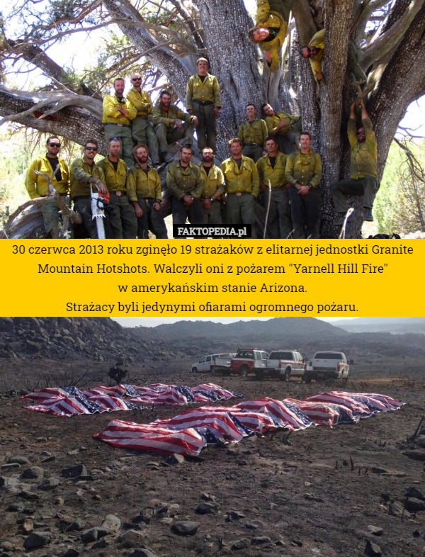 30 czerwca 2013 roku zginęło 19 strażaków z elitarnej jednostki Granite Mountain Hotshots. Walczyli oni z pożarem "Yarnell Hill Fire"
 w amerykańskim stanie Arizona.
Strażacy byli jedynymi ofiarami ogromnego pożaru. 