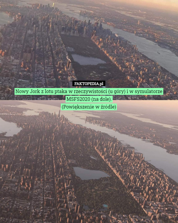 Nowy Jork z lotu ptaka w rzeczywistości (u góry) i w symulatorze MSFS2020 (na dole).
(Powiększenie w źródle) 
