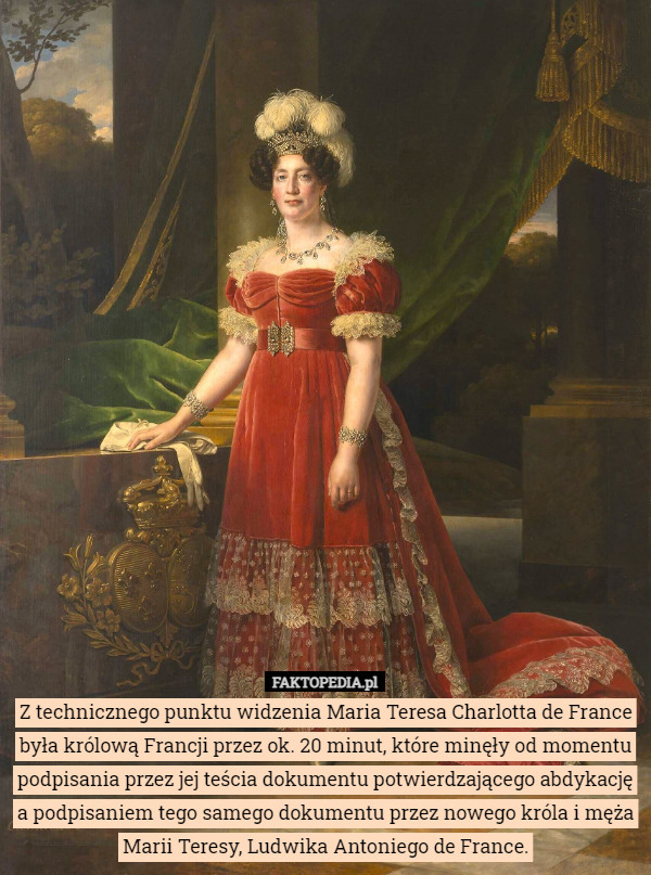 Z technicznego punktu widzenia Maria Teresa Charlotta de France była królową Francji przez ok. 20 minut, które minęły od momentu podpisania przez jej teścia dokumentu potwierdzającego abdykację a podpisaniem tego samego dokumentu przez nowego króla i męża Marii Teresy, Ludwika Antoniego de France. 