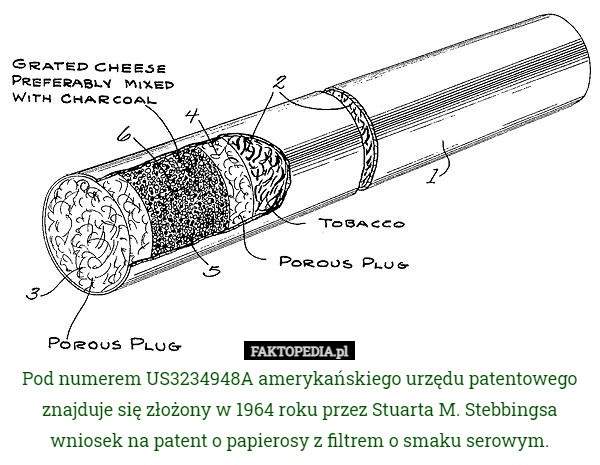 Pod numerem US3234948A amerykańskiego urzędu patentowego znajduje się złożony w 1964 roku przez Stuarta M. Stebbingsa wniosek na patent o papierosy z filtrem o smaku serowym. 
