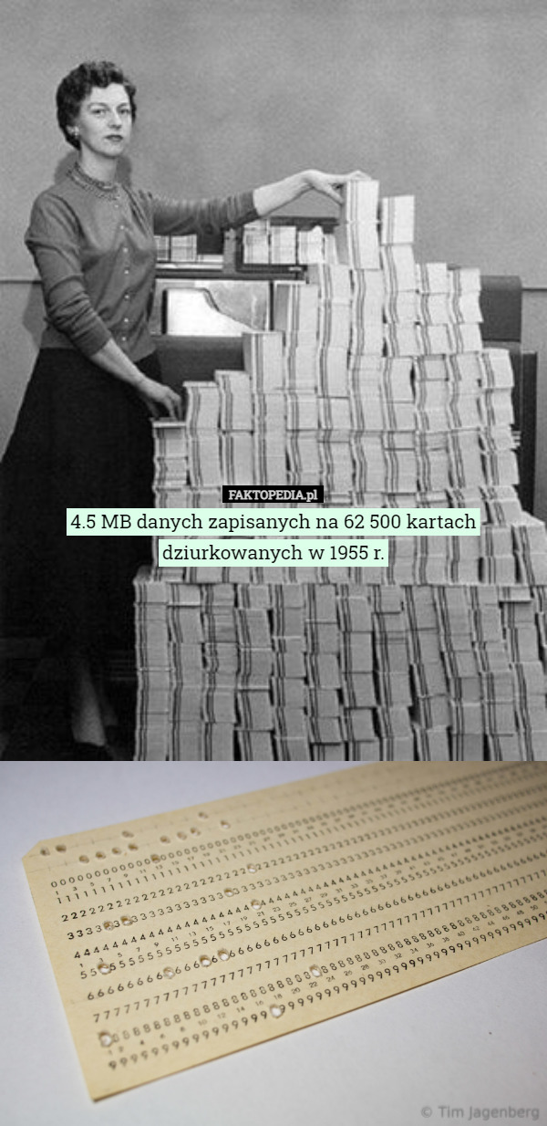 4.5 MB danych zapisanych na 62 500 kartach dziurkowanych w 1955 r. 