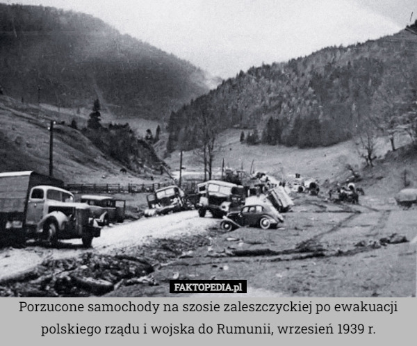 Porzucone samochody na szosie zaleszczyckiej po ewakuacji polskiego rządu i wojska do Rumunii, wrzesień 1939 r. 