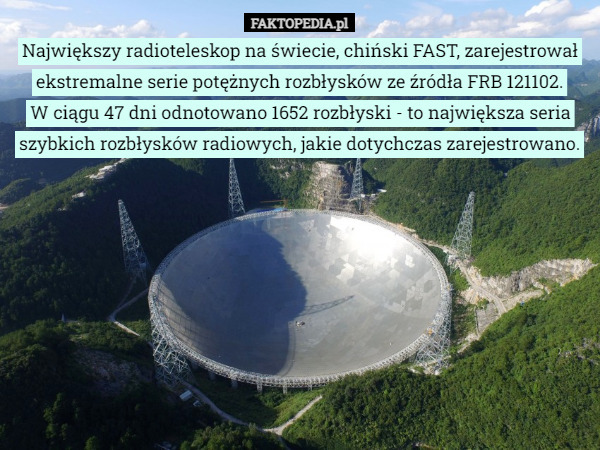 Największy radioteleskop na świecie, chiński FAST, zarejestrował ekstremalne serie potężnych rozbłysków ze źródła FRB 121102.
 W ciągu 47 dni odnotowano 1652 rozbłyski - to największa seria szybkich rozbłysków radiowych, jakie dotychczas zarejestrowano. 