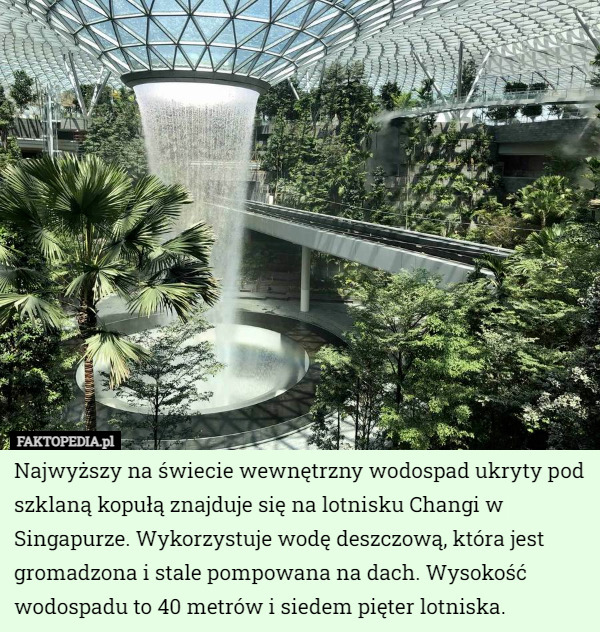 Najwyższy na świecie wewnętrzny wodospad ukryty pod szklaną kopułą znajduje się na lotnisku Changi w Singapurze. Wykorzystuje wodę deszczową, która jest gromadzona i stale pompowana na dach. Wysokość wodospadu to 40 metrów i siedem pięter lotniska. 