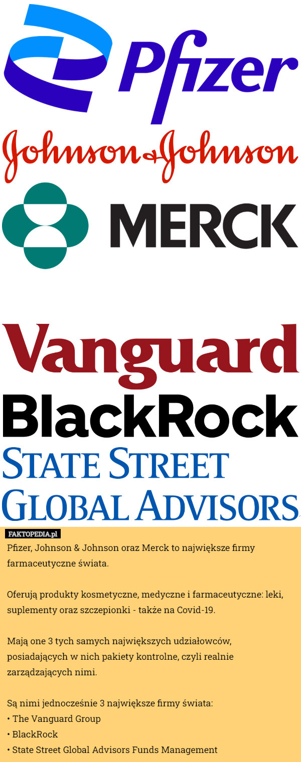 Pfizer, Johnson & Johnson oraz Merck to największe firmy farmaceutyczne świata.

Oferują produkty kosmetyczne, medyczne i farmaceutyczne: leki, suplementy oraz szczepionki - także na Covid-19.

Mają one 3 tych samych największych udziałowców, posiadających w nich pakiety kontrolne, czyli realnie zarządzających nimi.

Są nimi jednocześnie 3 największe firmy świata:
• The Vanguard Group
• BlackRock
• State Street Global Advisors Funds Management 