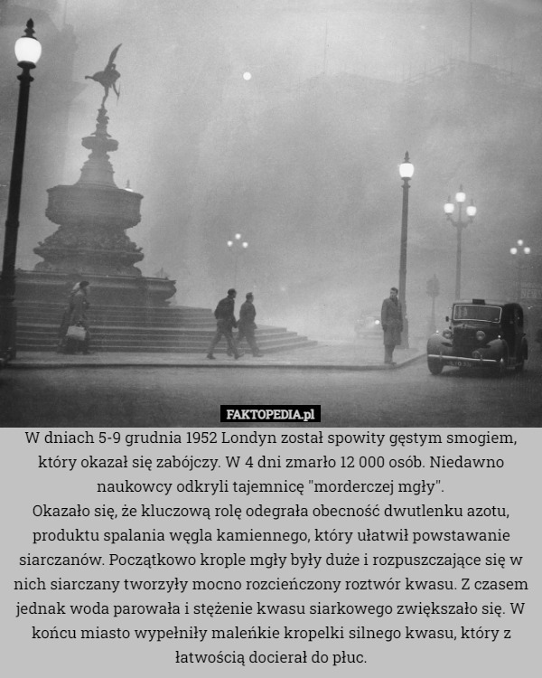 W dniach 5-9 grudnia 1952 Londyn został spowity gęstym smogiem, który okazał się zabójczy. W 4 dni zmarło 12 000 osób. Niedawno naukowcy odkryli tajemnicę "morderczej mgły".
Okazało się, że kluczową rolę odegrała obecność dwutlenku azotu, produktu spalania węgla kamiennego, który ułatwił powstawanie siarczanów. Początkowo krople mgły były duże i rozpuszczające się w nich siarczany tworzyły mocno rozcieńczony roztwór kwasu. Z czasem jednak woda parowała i stężenie kwasu siarkowego zwiększało się. W końcu miasto wypełniły maleńkie kropelki silnego kwasu, który z łatwością docierał do płuc. 