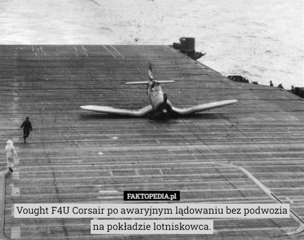 Vought F4U Corsair po awaryjnym lądowaniu bez podwozia
 na pokładzie lotniskowca. 