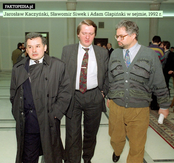 Jarosław Kaczyński, Sławomir Siwek i Adam Glapiński w sejmie, 1992 r. 
