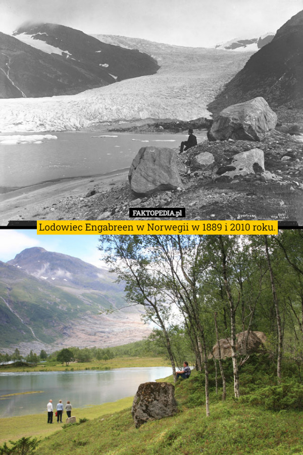 Lodowiec Engabreen w Norwegii w 1889 i 2010 roku. 