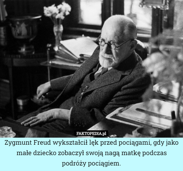 Zygmunt Freud wykształcił lęk przed pociągami, gdy jako małe dziecko zobaczył swoją nagą matkę podczas podróży pociągiem. 