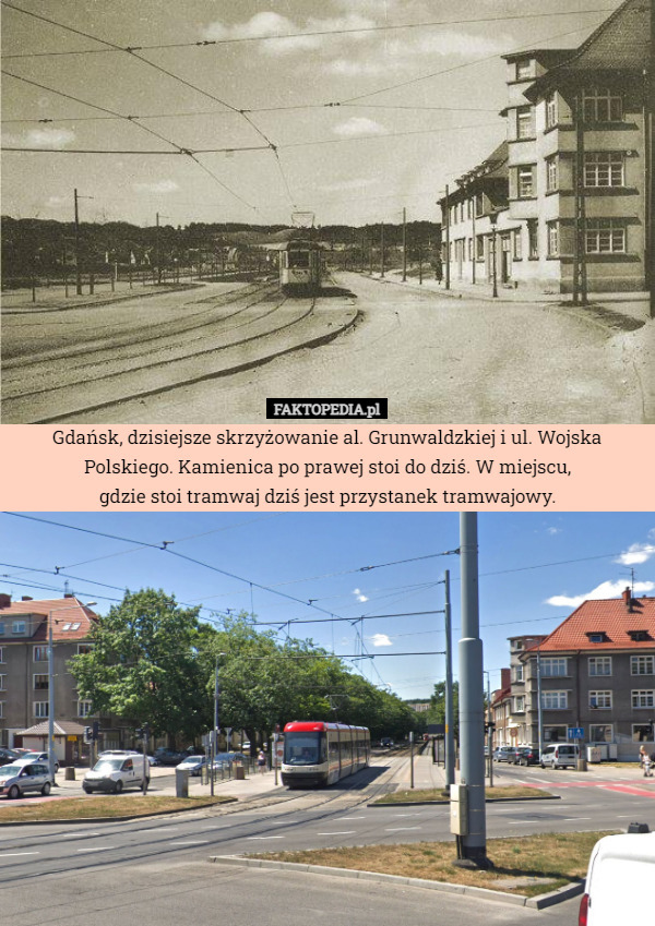 Gdańsk, dzisiejsze skrzyżowanie al. Grunwaldzkiej i ul. Wojska Polskiego. Kamienica po prawej stoi do dziś. W miejscu,
 gdzie stoi tramwaj dziś jest przystanek tramwajowy. 