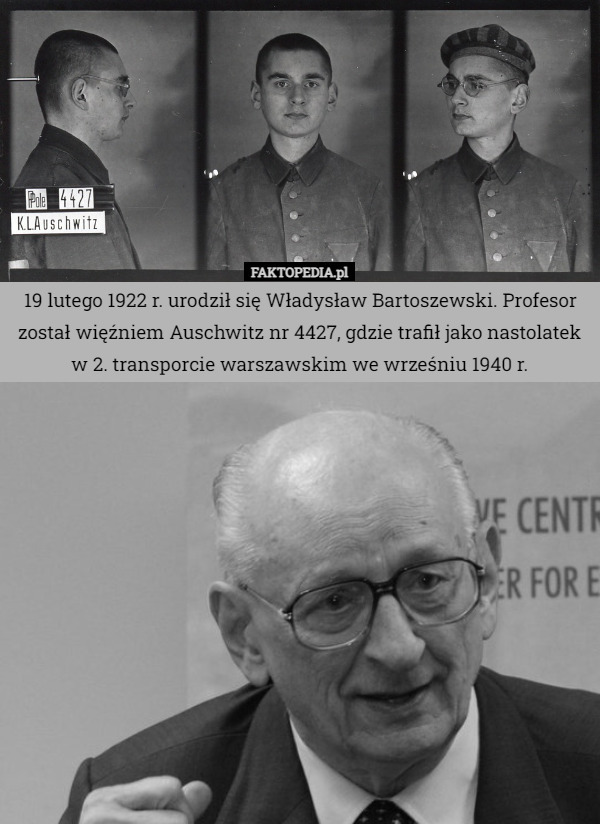 19 lutego 1922 r. urodził się Władysław Bartoszewski. Profesor został więźniem Auschwitz nr 4427, gdzie trafił jako nastolatek
 w 2. transporcie warszawskim we wrześniu 1940 r. 