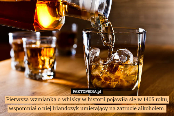Pierwsza wzmianka o whisky w historii pojawiła się w 1405 roku, wspomniał o niej Irlandczyk umierający na zatrucie alkoholem. 