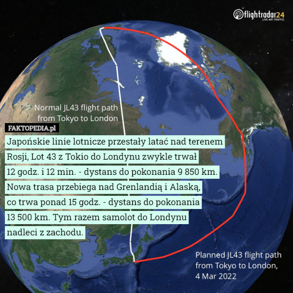 Japońskie linie lotnicze przestały latać nad terenem Rosji, Lot 43 z Tokio do Londynu zwykle trwał
 12 godz. i 12 min. - dystans do pokonania 9 850 km. Nowa trasa przebiega nad Grenlandią i Alaską,
 co trwa ponad 15 godz. - dystans do pokonania
 13 500 km. Tym razem samolot do Londynu
 nadleci z zachodu. 