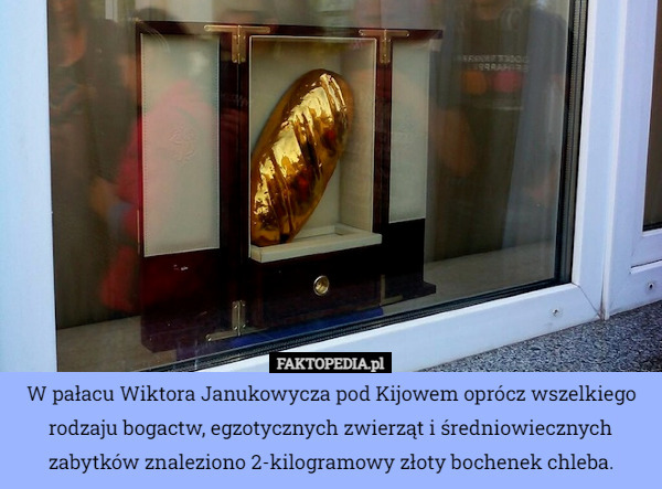 W pałacu Wiktora Janukowycza pod Kijowem oprócz wszelkiego rodzaju bogactw, egzotycznych zwierząt i średniowiecznych zabytków znaleziono 2-kilogramowy złoty bochenek chleba. 