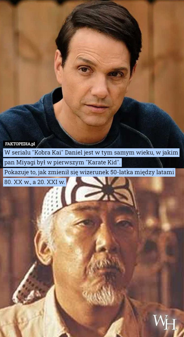 W serialu "Kobra Kai" Daniel jest w tym samym wieku, w jakim pan Miyagi był w pierwszym "Karate Kid".
Pokazuje to, jak zmienił się wizerunek 50-latka między latami 80. XX w., a 20. XXI w. 