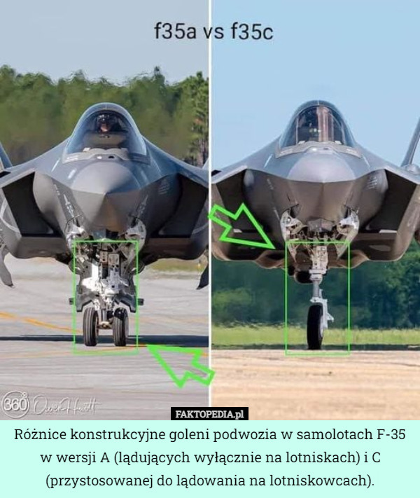 Różnice konstrukcyjne goleni podwozia w samolotach F-35 w wersji A (lądujących wyłącznie na lotniskach) i C (przystosowanej do lądowania na lotniskowcach). 