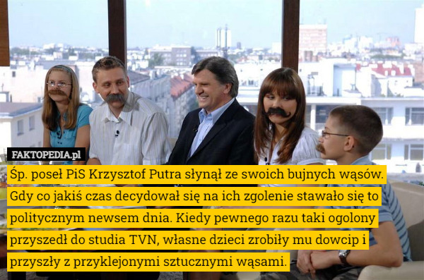 Śp. poseł PiS Krzysztof Putra słynął ze swoich bujnych wąsów.
 Gdy co jakiś czas decydował się na ich zgolenie stawało się to politycznym newsem dnia. Kiedy pewnego razu taki ogolony przyszedł do studia TVN, własne dzieci zrobiły mu dowcip i przyszły z przyklejonymi sztucznymi wąsami. 