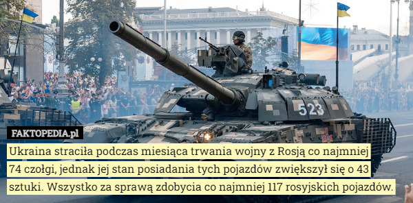 Ukraina straciła podczas miesiąca trwania wojny z Rosją co najmniej
 74 czołgi, jednak jej stan posiadania tych pojazdów zwiększył się o 43 sztuki. Wszystko za sprawą zdobycia co najmniej 117 rosyjskich pojazdów. 