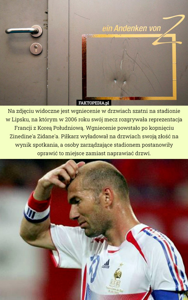 Na zdjęciu widoczne jest wgniecenie w drzwiach szatni na stadionie
 w Lipsku, na którym w 2006 roku swój mecz rozgrywała reprezentacja Francji z Koreą Południową. Wgniecenie powstało po kopnięciu Zinedine'a Zidane'a. Piłkarz wyładował na drzwiach swoją złość na wynik spotkania, a osoby zarządzające stadionem postanowiły
 oprawić to miejsce zamiast naprawiać drzwi. 