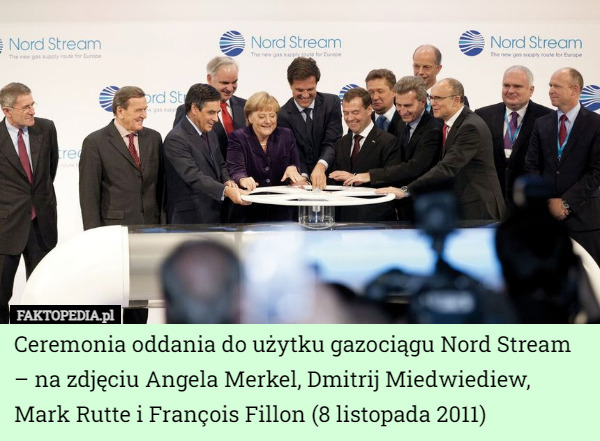 Ceremonia oddania do użytku gazociągu Nord Stream – na zdjęciu Angela Merkel, Dmitrij Miedwiediew, Mark Rutte i François Fillon (8 listopada 2011) 