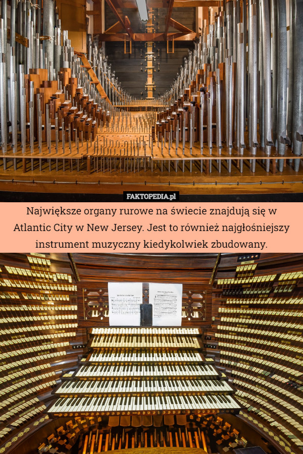 Największe organy rurowe na świecie znajdują się w Atlantic City w New Jersey. Jest to również najgłośniejszy instrument muzyczny kiedykolwiek zbudowany. 