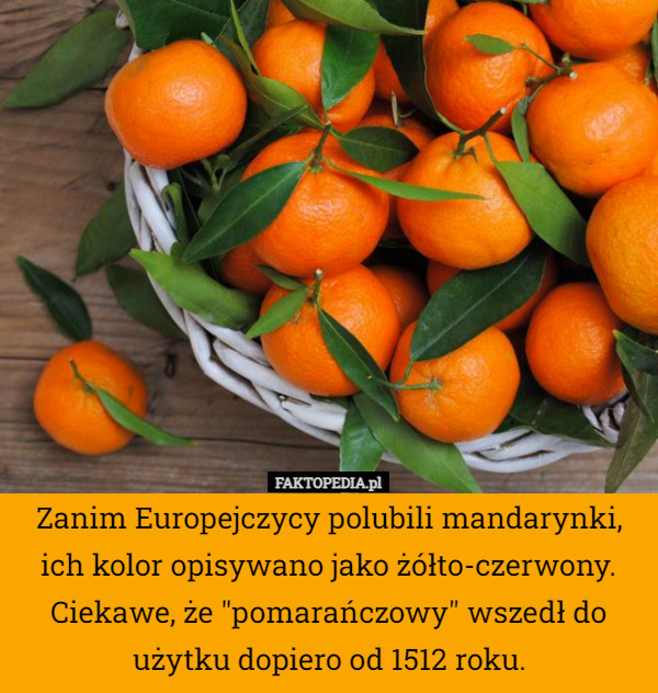 Zanim Europejczycy polubili mandarynki, ich kolor opisywano jako żółto-czerwony. Ciekawe, że "pomarańczowy" wszedł do użytku dopiero od 1512 roku. 